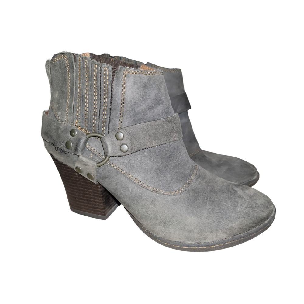 Born Boc Harness Ankle Boots Women's Gray Leather Studded Heel Moto Booties Sz 8